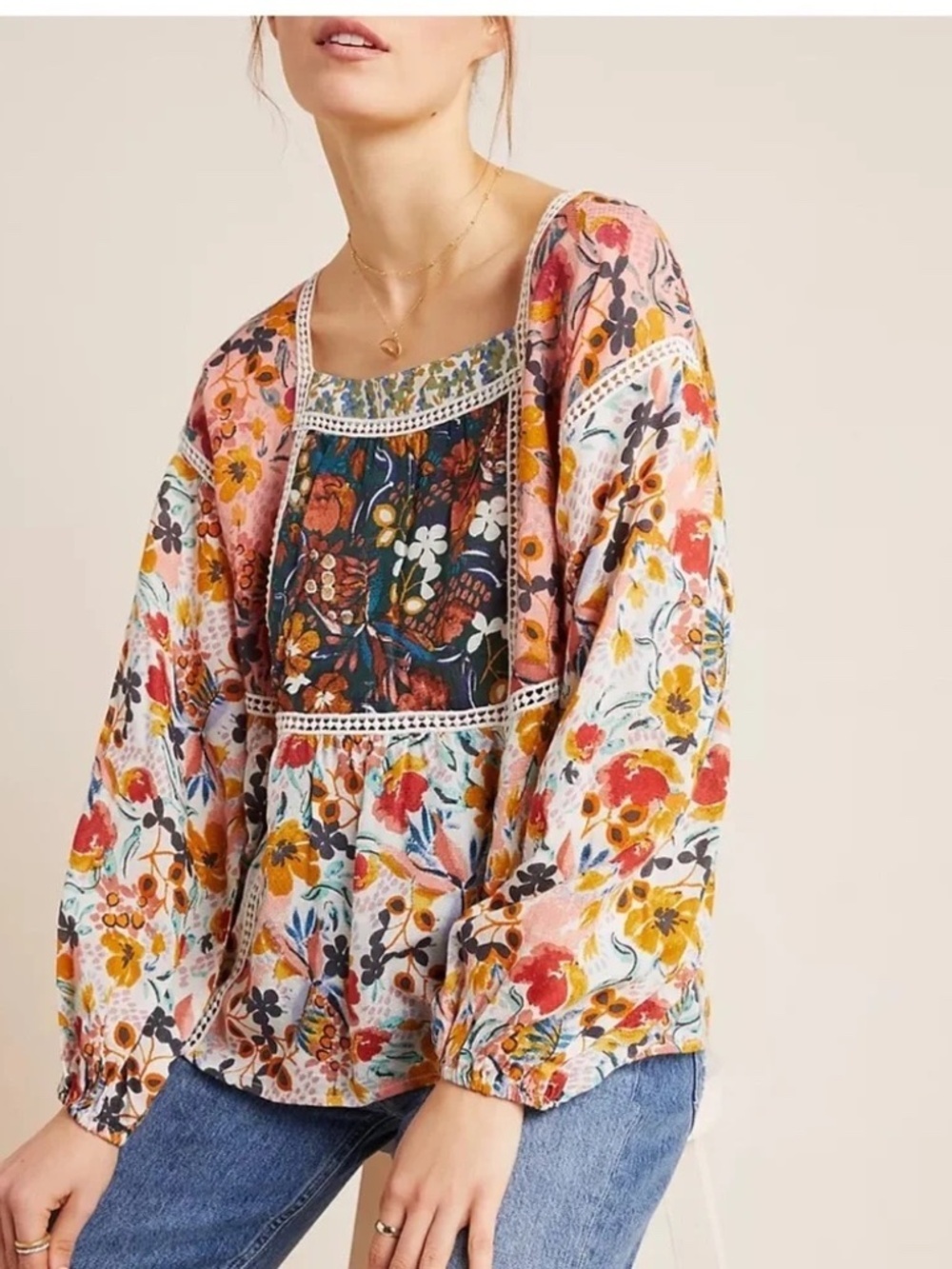 Anthropologie Maeve Nikki Peasant Blouse Floral Patchwork Modal Small